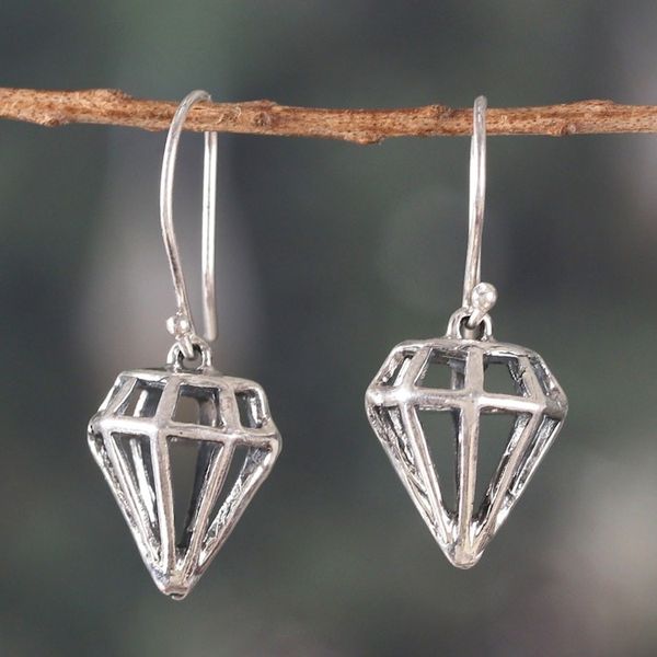 Alternate image for Gem-Shaped Sterling Silver Dangle Earrings Crafted in India New Bijou