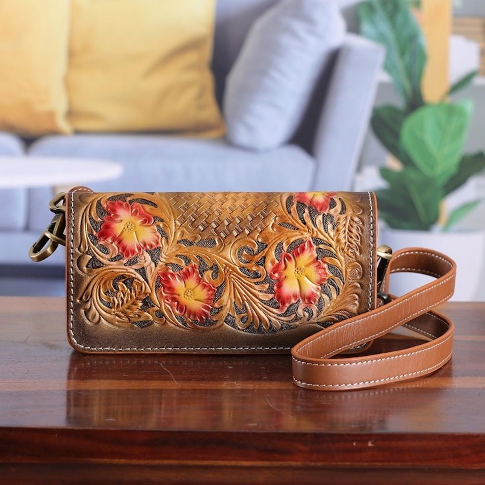 Handcrafted Floral Copper and Caramel Leather Clutch Sling 'Blooming Elation'