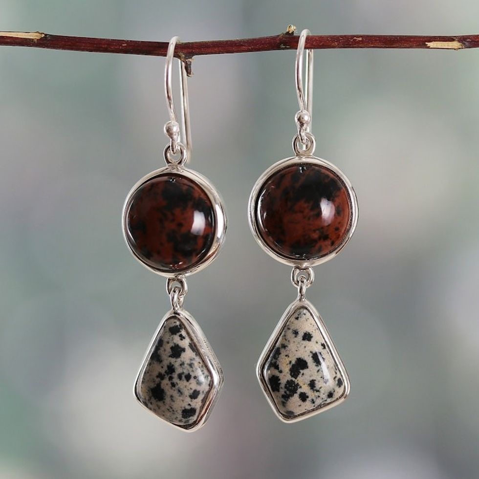 Speckled Modern Obsidian Jasper Silver Dangle Earrings 'Speckled Harmony'
