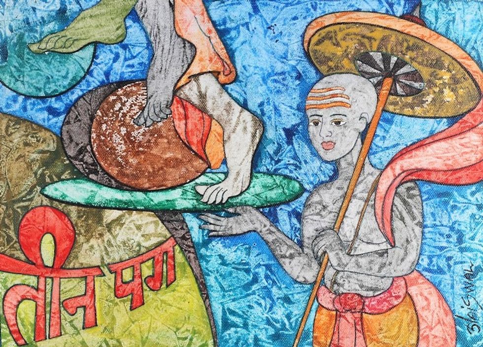 Colorful Acrylic on Canvas Vamana Avatar Painting from India 'Three Sacred Steps'