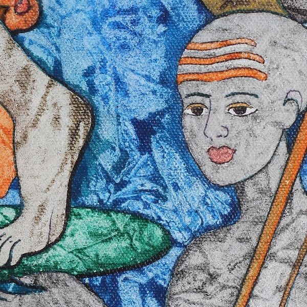 Alternate image for Colorful Acrylic on Canvas Vamana Avatar Painting from India Three Sacred Steps