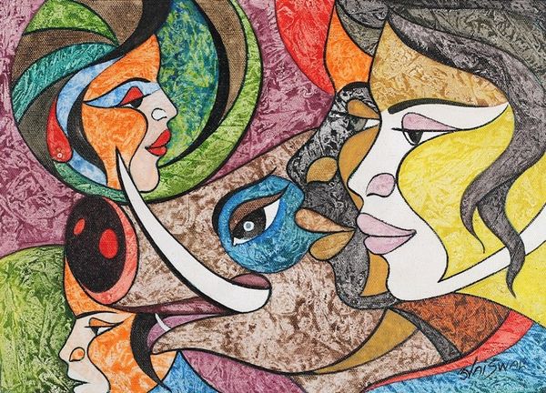 Alternate image for Colorful Expressionist Acrylic on Canvas Painting from India Sacred Union