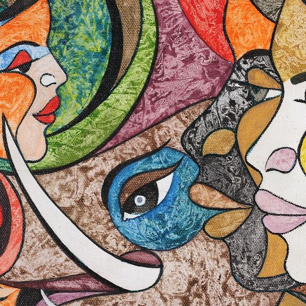 Alternate image for Colorful Expressionist Acrylic on Canvas Painting from India Sacred Union