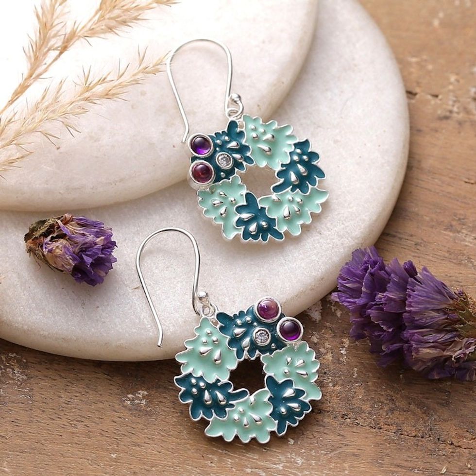 Nature-Themed Green Enamel and Amethyst Dangle Earrings 'Wise Sylvan'