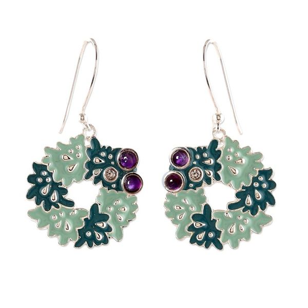 Alternate image for Nature-Themed Green Enamel and Amethyst Dangle Earrings Wise Sylvan