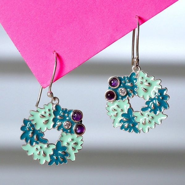 Alternate image for Nature-Themed Green Enamel and Amethyst Dangle Earrings Wise Sylvan