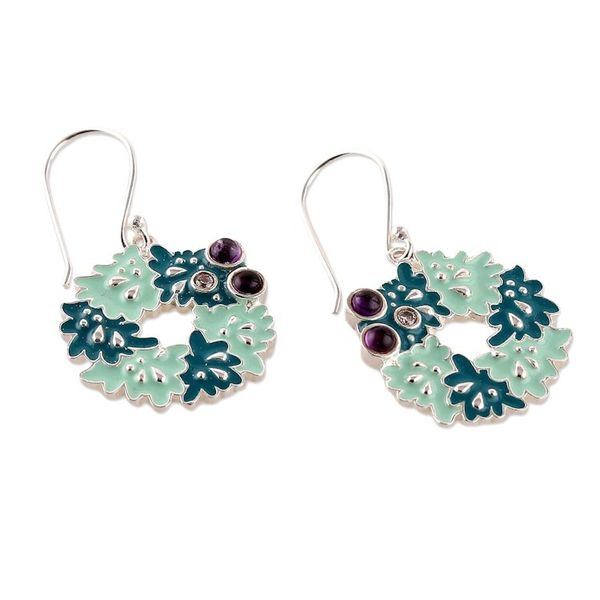 Alternate image for Nature-Themed Green Enamel and Amethyst Dangle Earrings Wise Sylvan