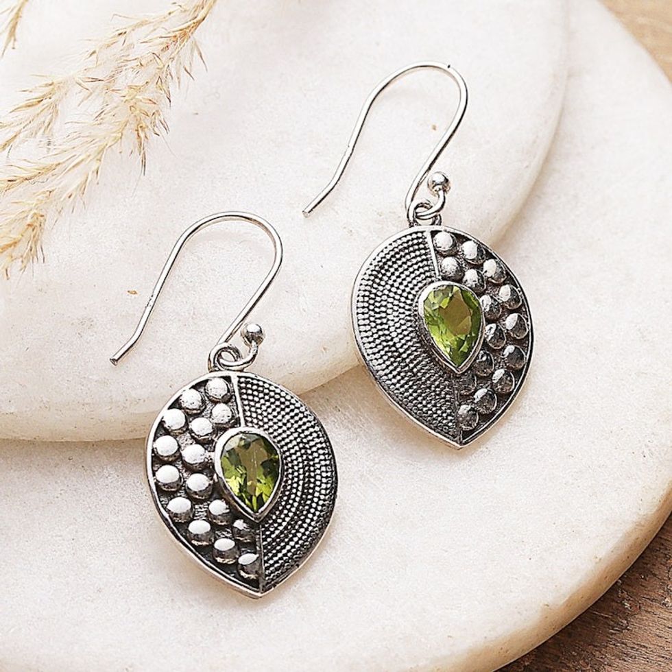 Textured Sterling Silver Dangle Earrings with Peridot Stones 'Trendy Textures'