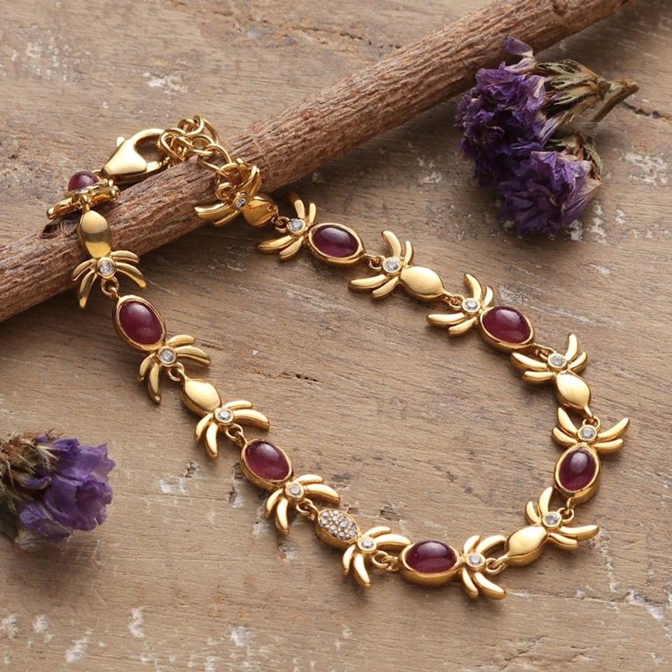 Fair Trade 22k Gold-Plated Ruby and Cubic Zirconia Bracelet 'Capricious Fantasy'