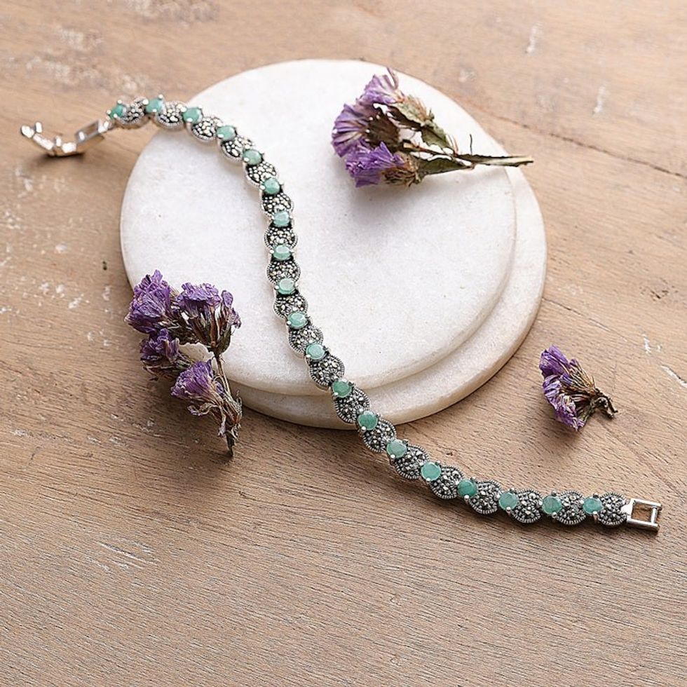 Faceted 7-Carat Marcasite and Emerald Link Bracelet 'Everlasting Majesty'
