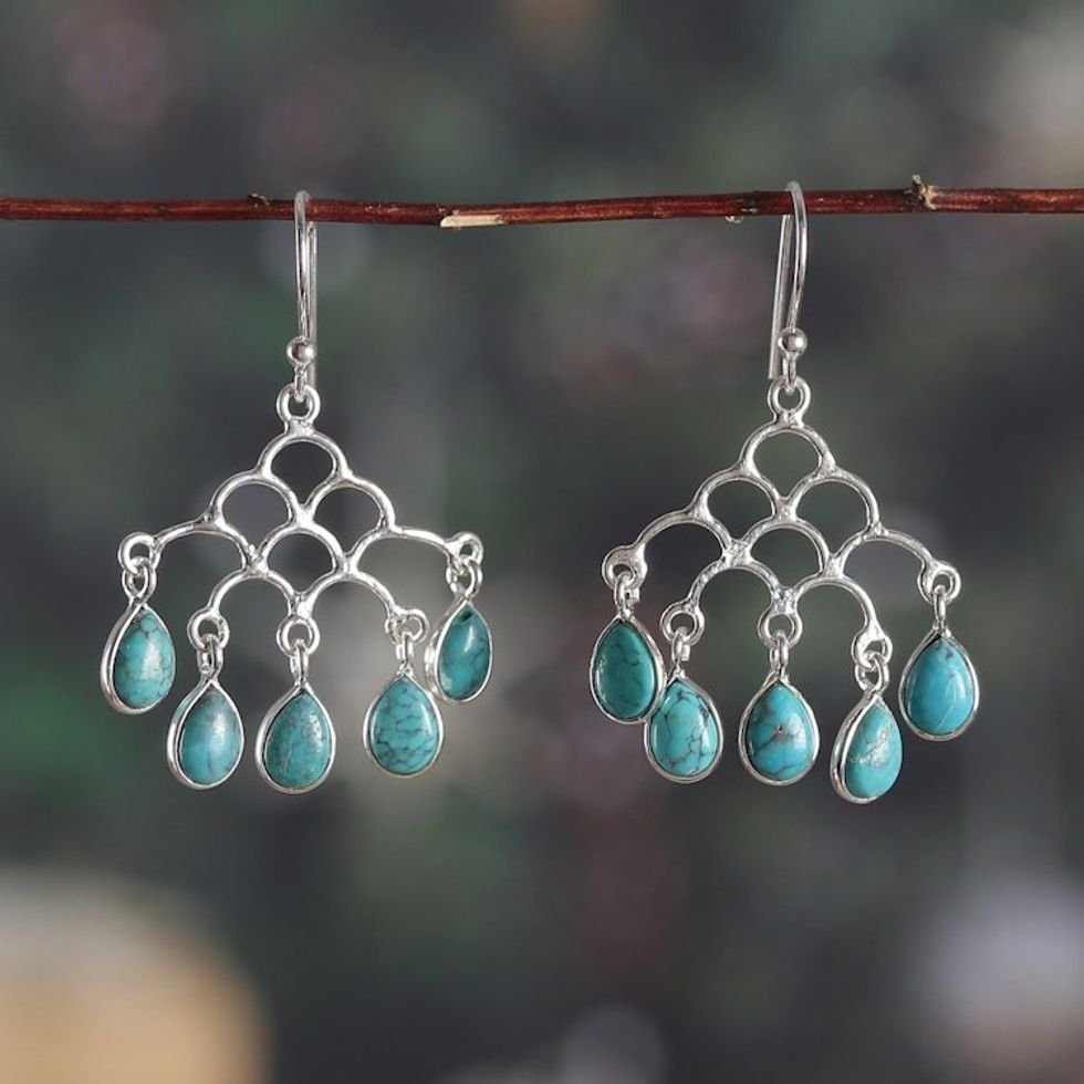 Silver Chandelier Earrings with Reconstituted Turquoise Gems 'Graceful Teardrops'