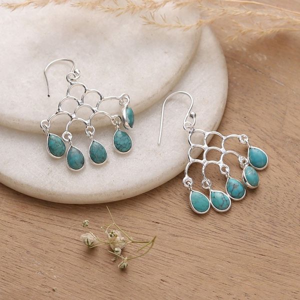 Alternate image for Silver Chandelier Earrings with Reconstituted Turquoise Gems Graceful Teardrops