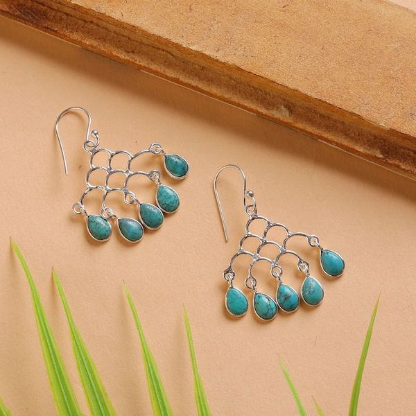 Alternate image for Silver Chandelier Earrings with Reconstituted Turquoise Gems Graceful Teardrops