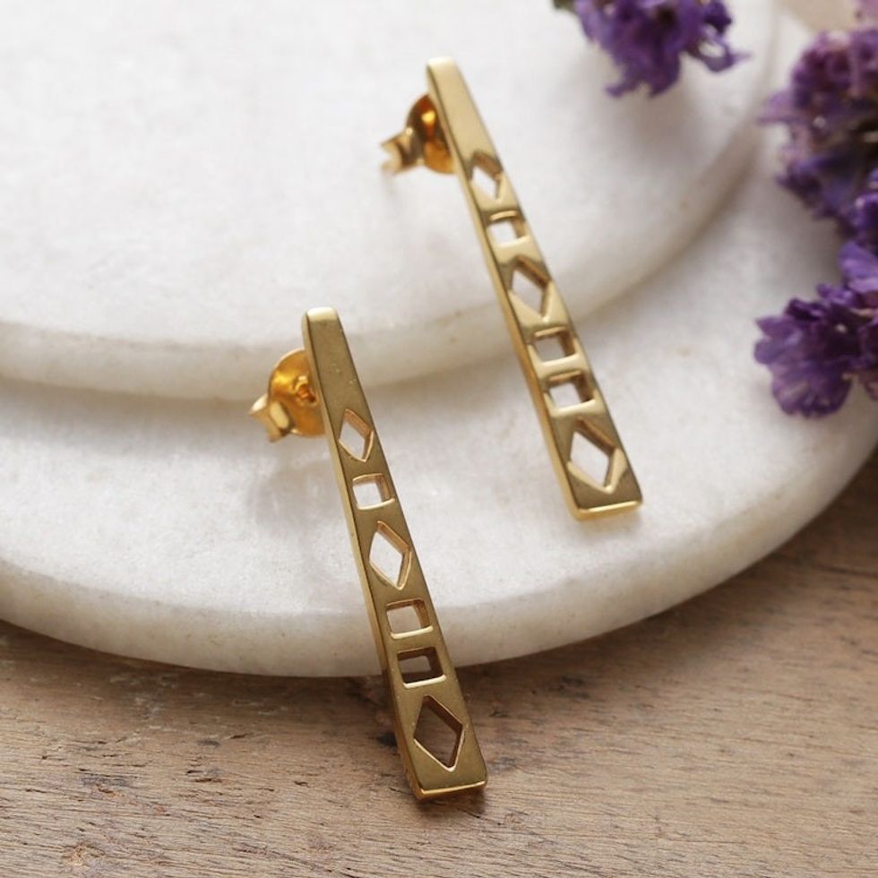 Geometric-Themed Modern Brass Drop Earrings from India 'Stairway to Glam'