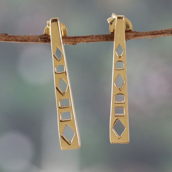 Alternate image for Geometric-Themed Modern Brass Drop Earrings from India Stairway to Glam
