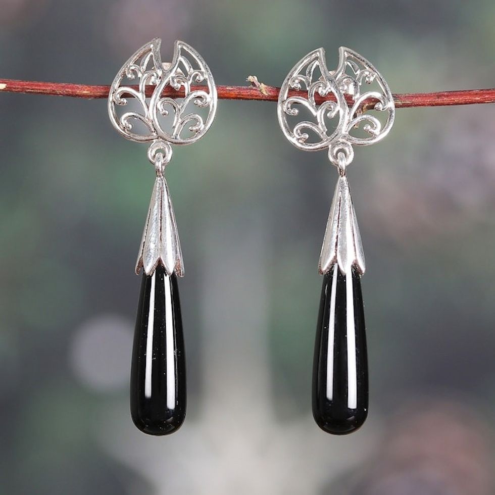 High-Polished Sylvan-Themed Onyx Dangle Earrings from India 'Nocturnal Style'