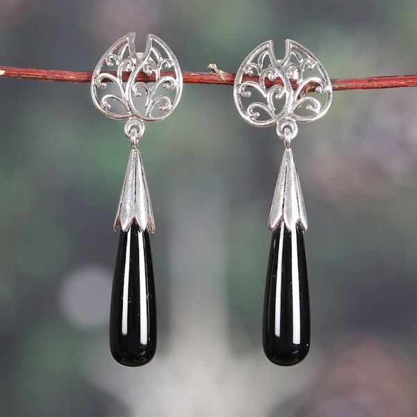Alternate image for High-Polished Sylvan-Themed Onyx Dangle Earrings from India Nocturnal Style