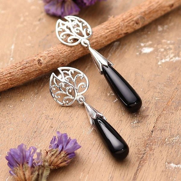 Alternate image for High-Polished Sylvan-Themed Onyx Dangle Earrings from India Nocturnal Style