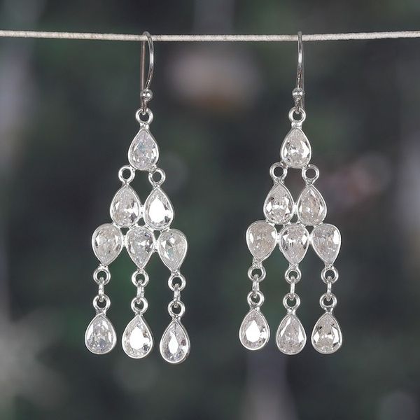 Alternate image for Sterling Silver and Pear Cubic Zirconia Chandelier Earrings Glimmering Cascade