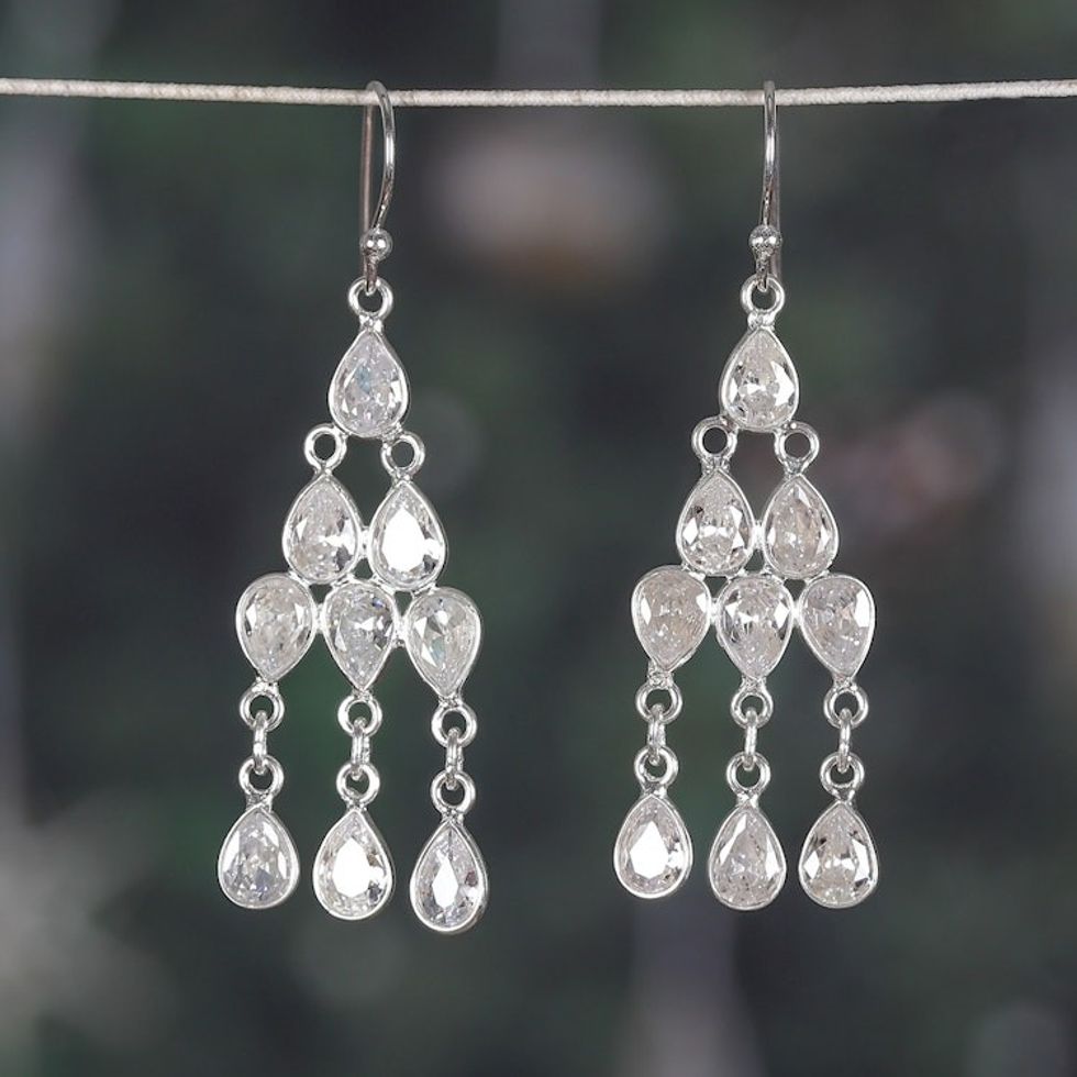 Sterling Silver and Pear Cubic Zirconia Chandelier Earrings 'Glimmering Cascade'