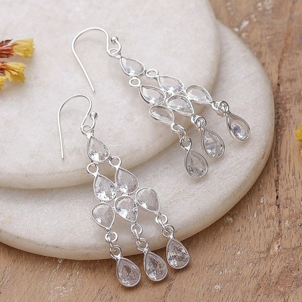 Alternate image for Sterling Silver and Pear Cubic Zirconia Chandelier Earrings Glimmering Cascade