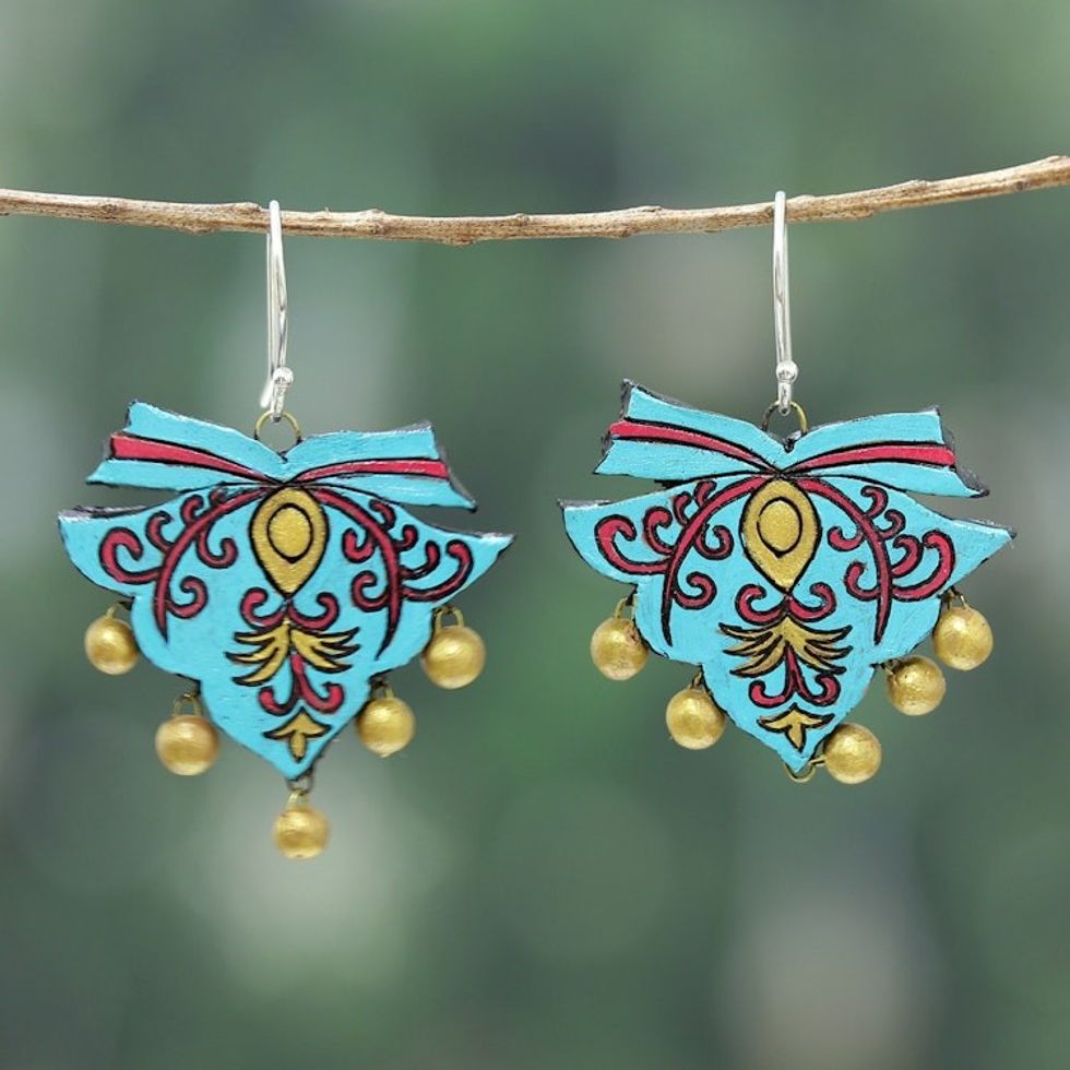 Indian Artisan-Made Hand-Painted Ceramic Chandelier Earrings 'Regal Ribbons'