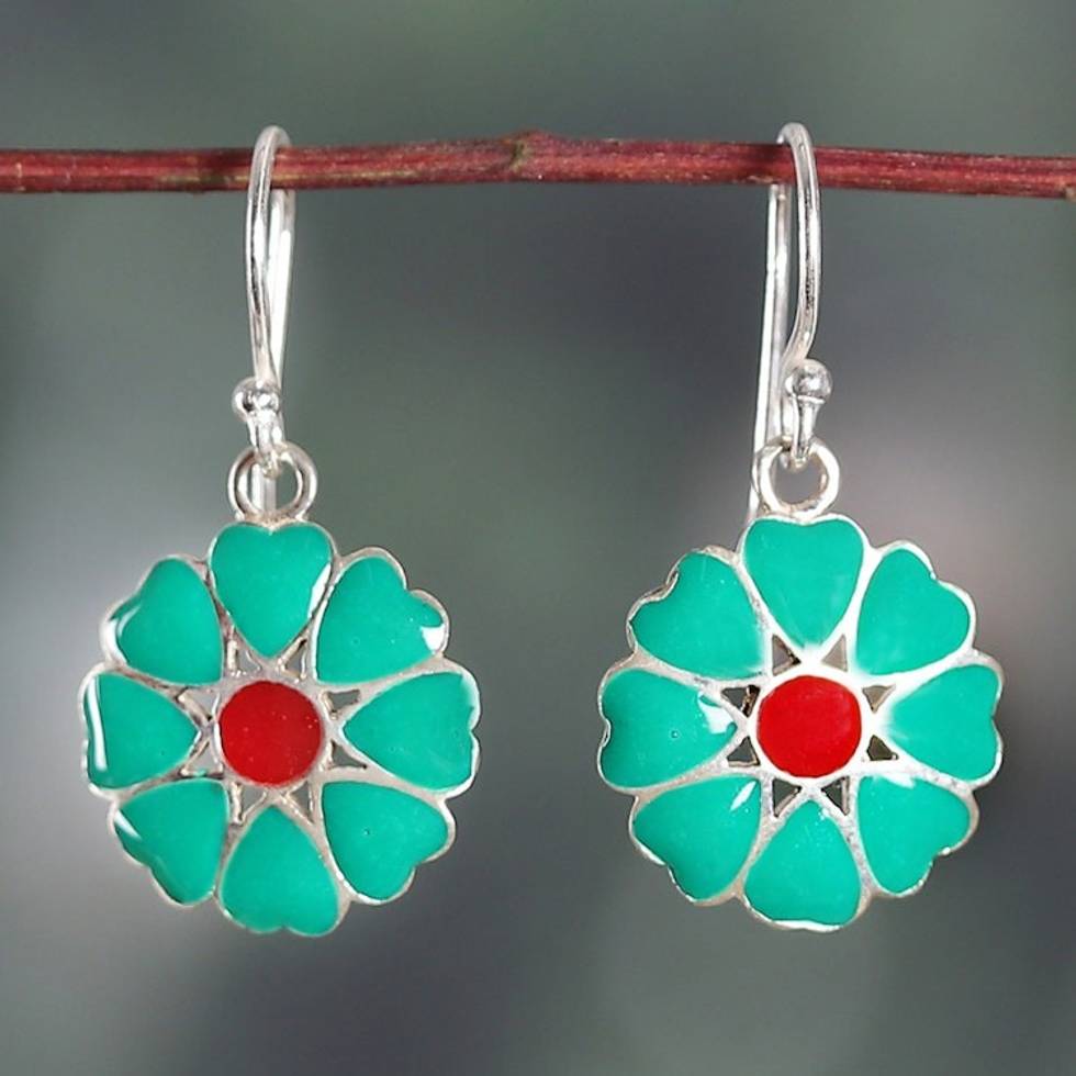 Floral Green and Red Sterling Silver Enamel Dangle Earrings 'Lagoon Blossoms'