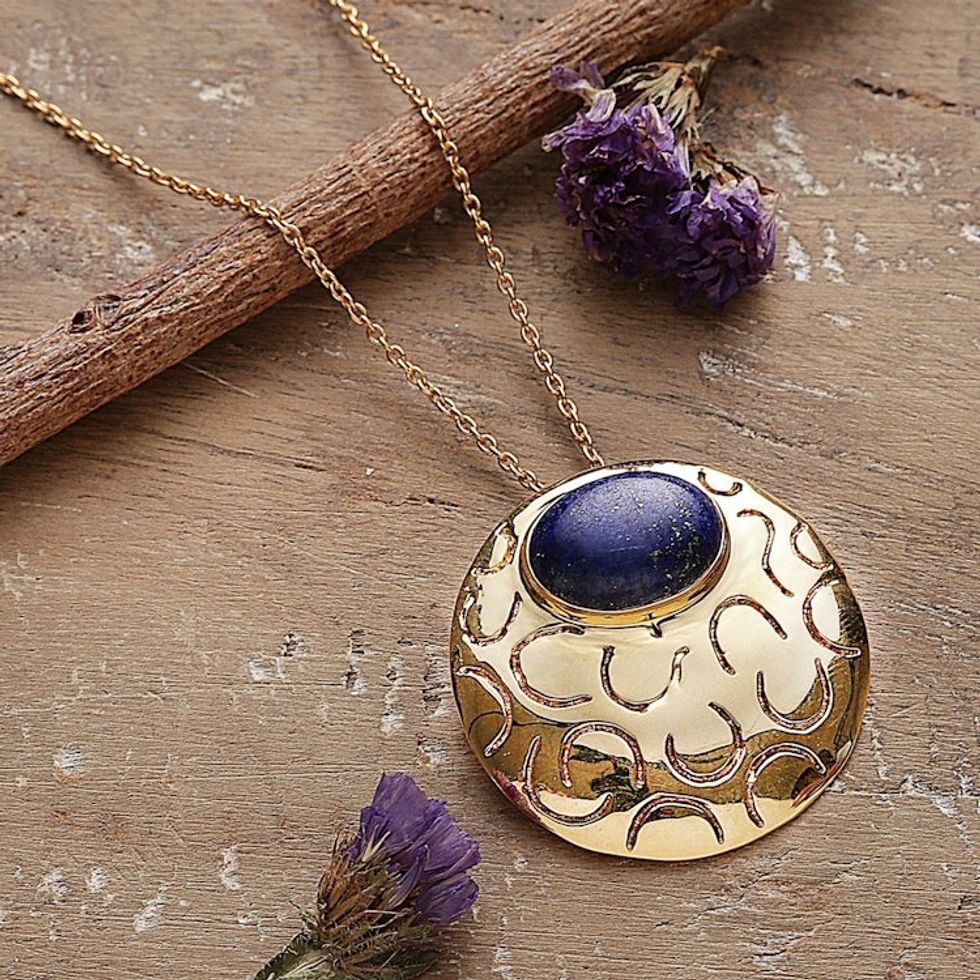 High-Polished Brass and Lapis Lazuli Pendant Necklace 'Glowing Seer'