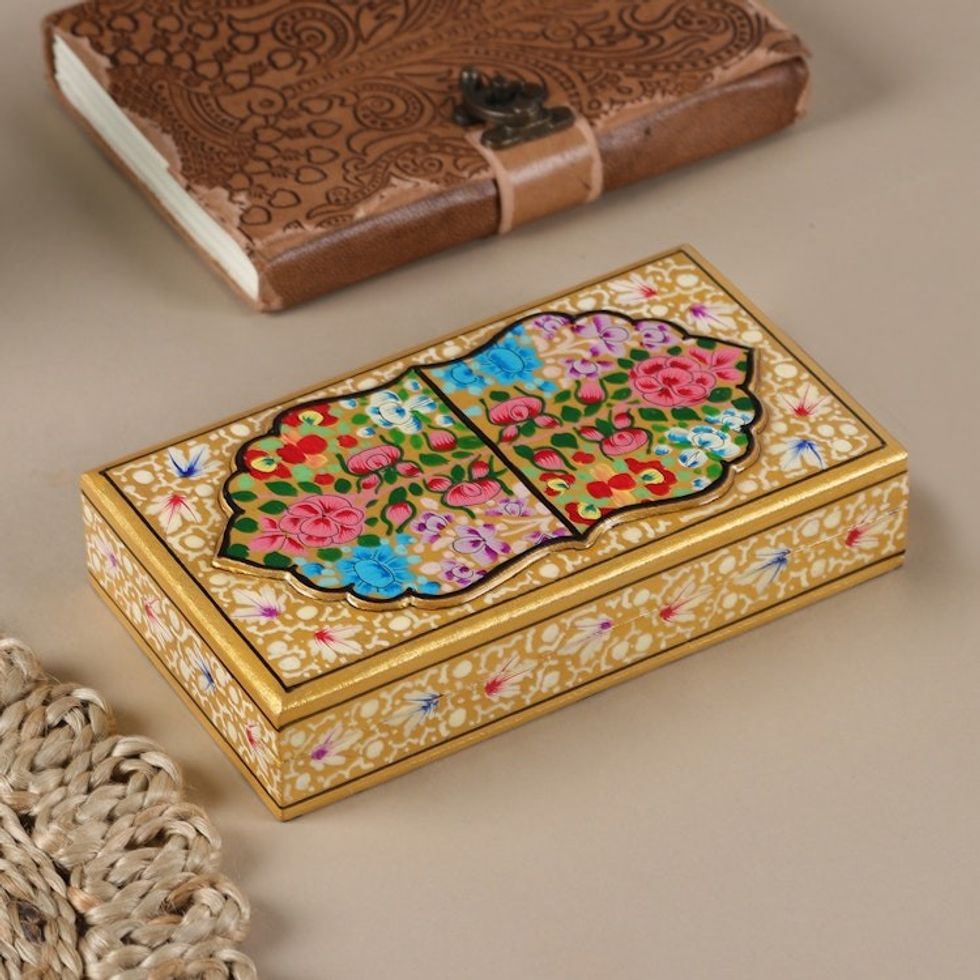 Golden-Hued Hand-Painted Papier Mache Wood Decorative Box 'Gold Kashmir Treasures'