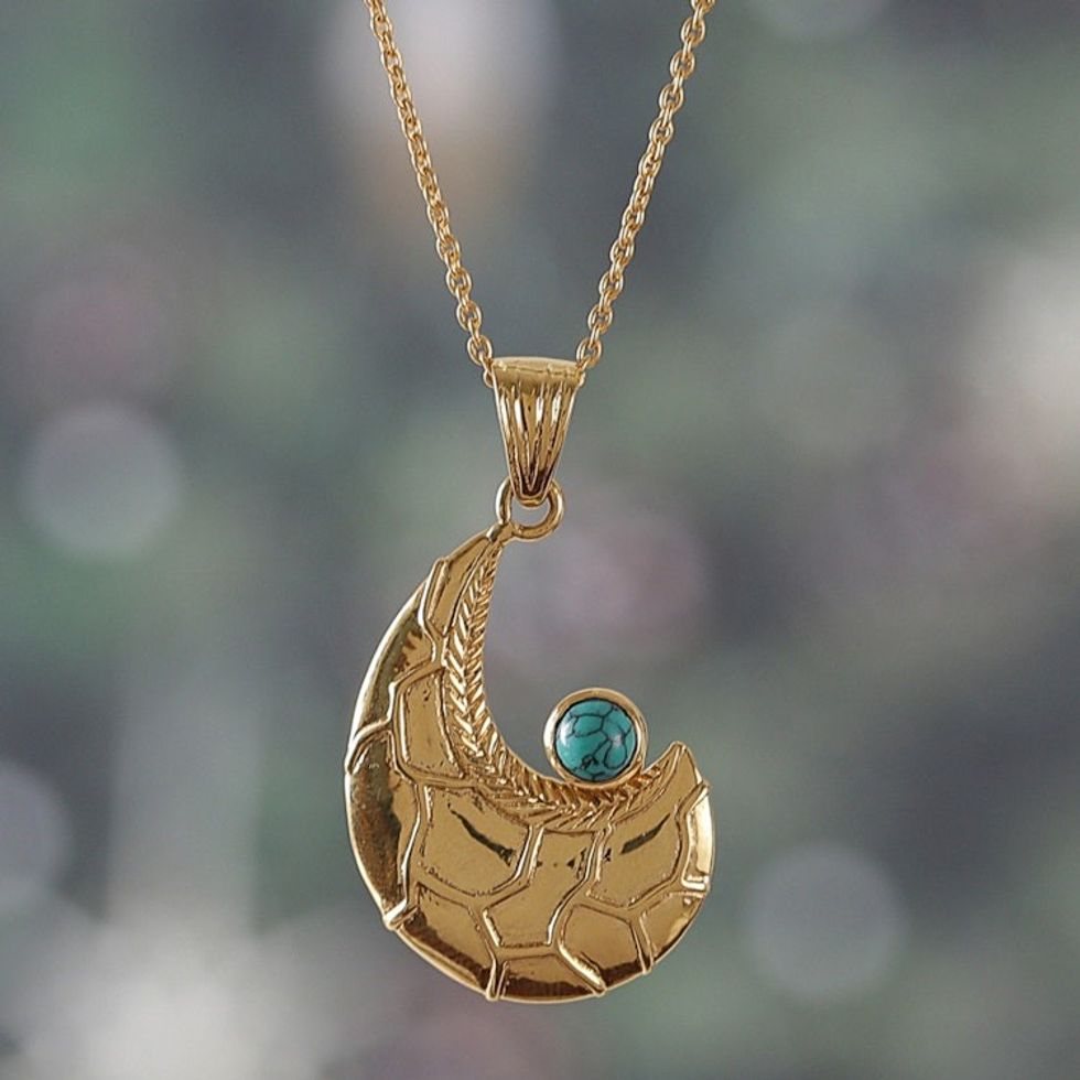 Semi-Abstract Recon Turquoise Brass Pendant Necklace 'Serene Charmer'
