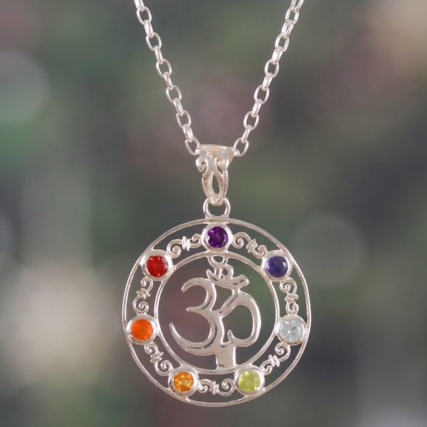 Alternate image for Chakra-Inspired Faceted Multi-Gemstone Om Pendant Necklace Om Jewels