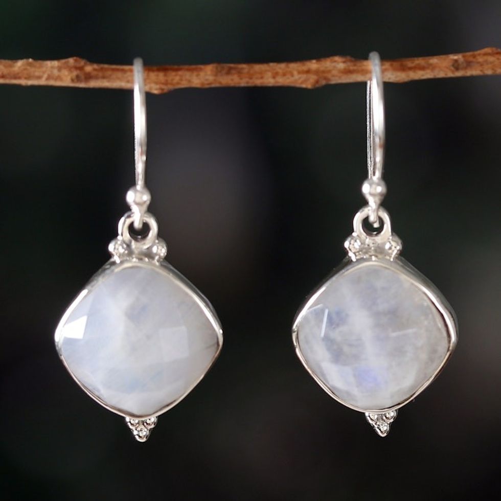 33-Carat Faceted Natural Rainbow Moonstone Dangle Earrings 'Misty Kiss'