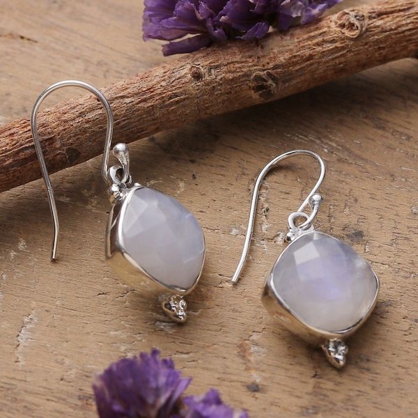 Alternate image for 33-Carat Faceted Natural Rainbow Moonstone Dangle Earrings Misty Kiss