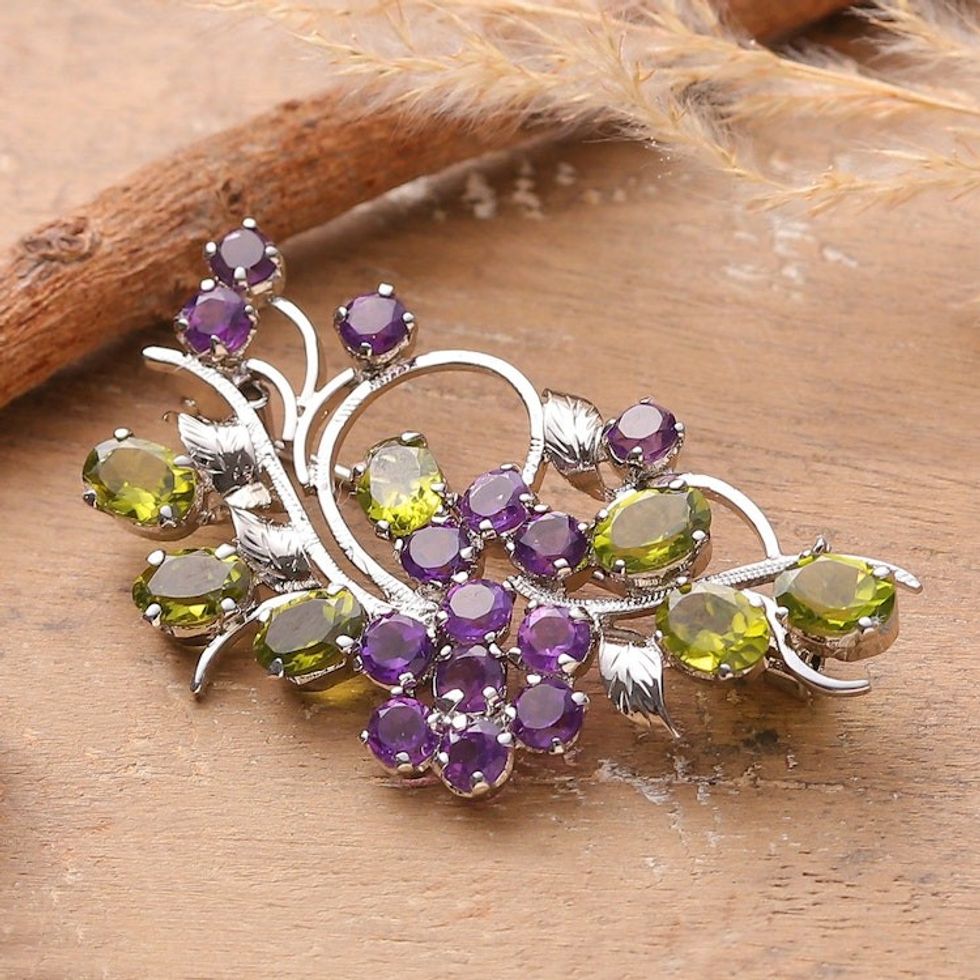 Faceted 10-Carat Amethyst and Peridot Floral Brooch Pin 'Timeless Bloom'