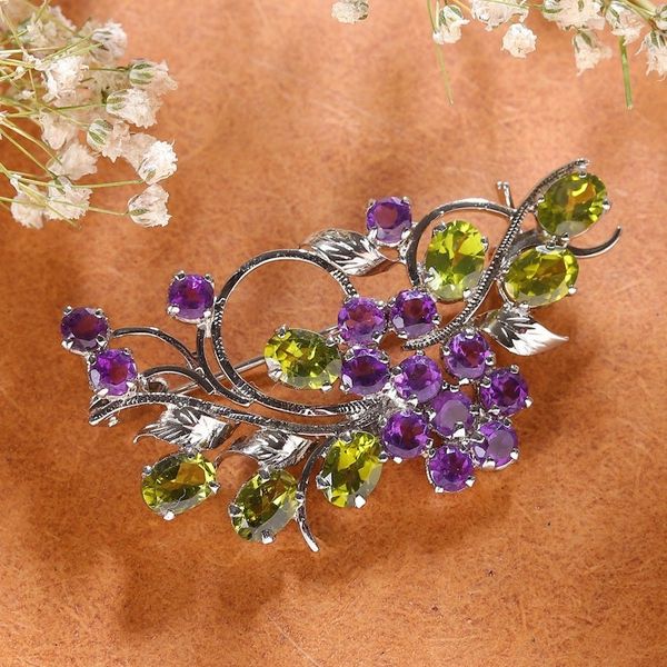 Alternate image for Faceted 10-Carat Amethyst and Peridot Floral Brooch Pin Timeless Bloom