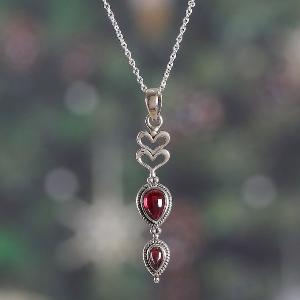 Romantic Natural Garnet Cabochon Heart Pendant Necklace 'Supreme Romance'