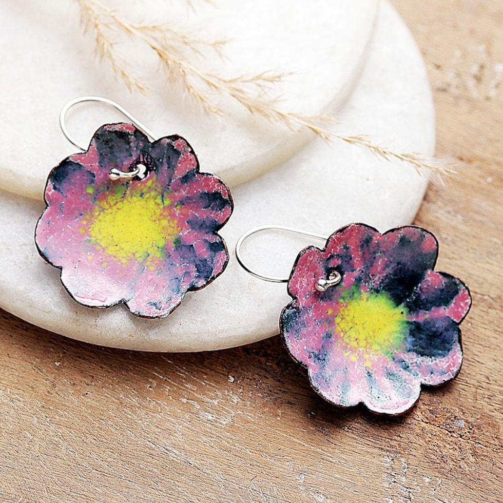 Spring-Themed Painted Pink and Yellow Copper Dangle Earrings 'Capricious Petals'