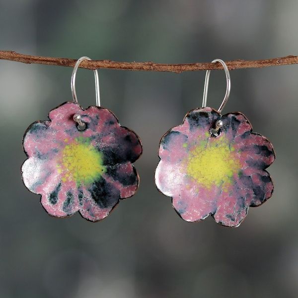 Alternate image for Spring-Themed Painted Pink and Yellow Copper Dangle Earrings Capricious Petals