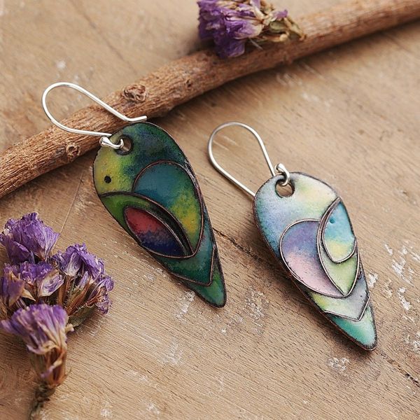 Alternate image for Vitreous Enamel on Copper Peacock Feather Dangle Earrings Peacock Feather Glory