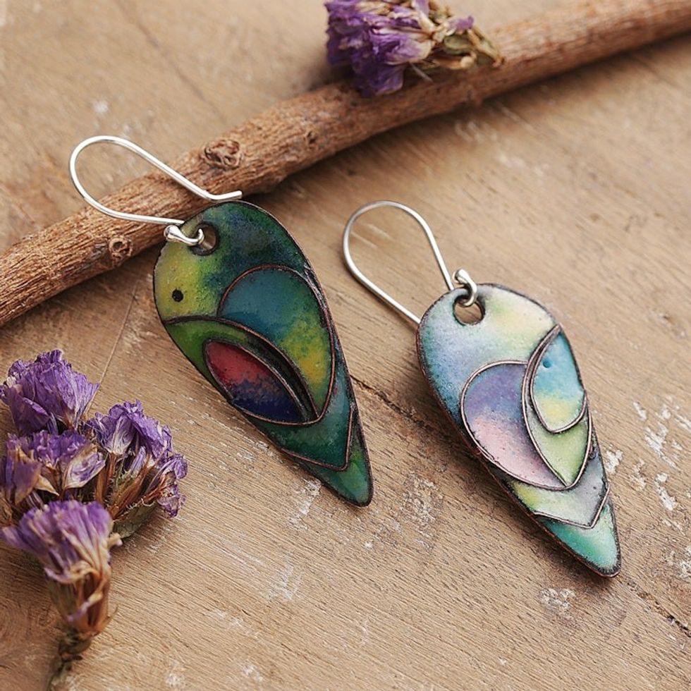 Vitreous Enamel on Copper Peacock Feather Dangle Earrings 'Peacock Feather Glory'