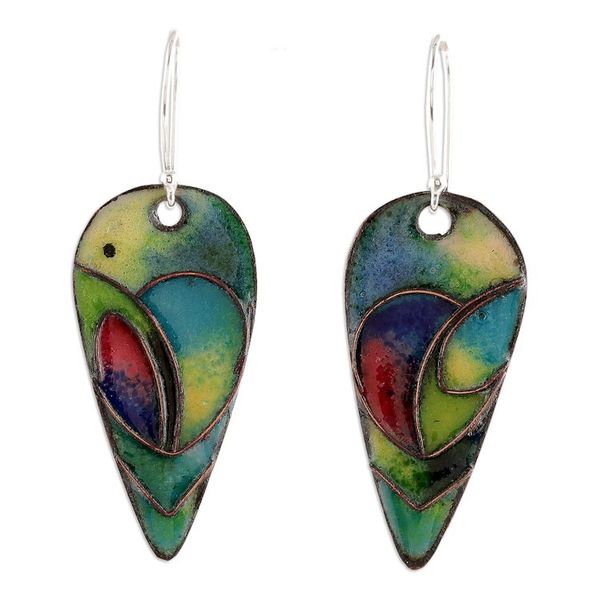 Alternate image for Vitreous Enamel on Copper Peacock Feather Dangle Earrings Peacock Feather Glory