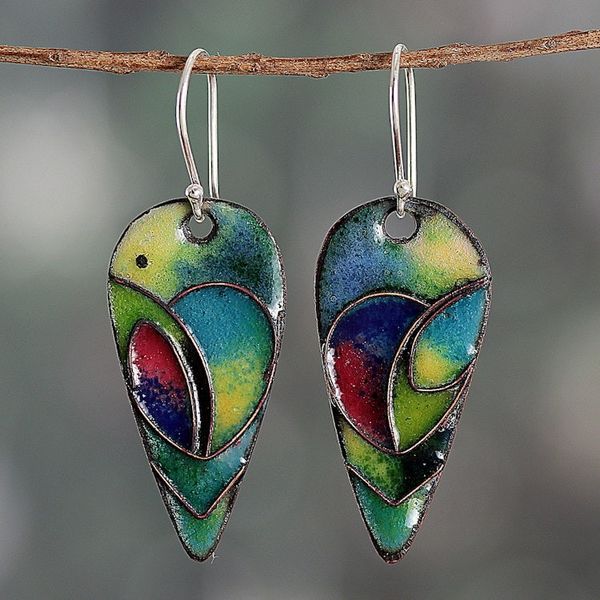 Alternate image for Vitreous Enamel on Copper Peacock Feather Dangle Earrings Peacock Feather Glory