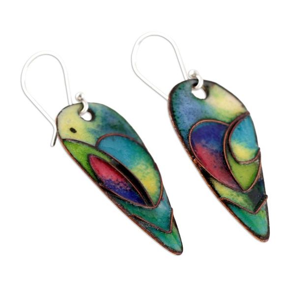 Alternate image for Vitreous Enamel on Copper Peacock Feather Dangle Earrings Peacock Feather Glory