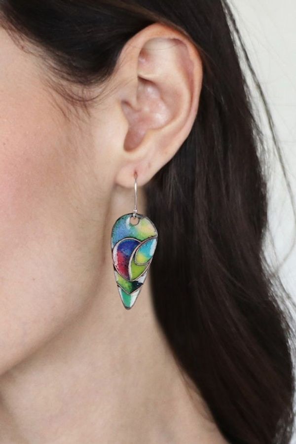 Alternate image for Vitreous Enamel on Copper Peacock Feather Dangle Earrings Peacock Feather Glory