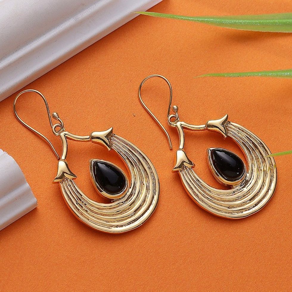 High-Polished Semi-Abstract Black Onyx Dangle Earrings 'Midnight Cradle'