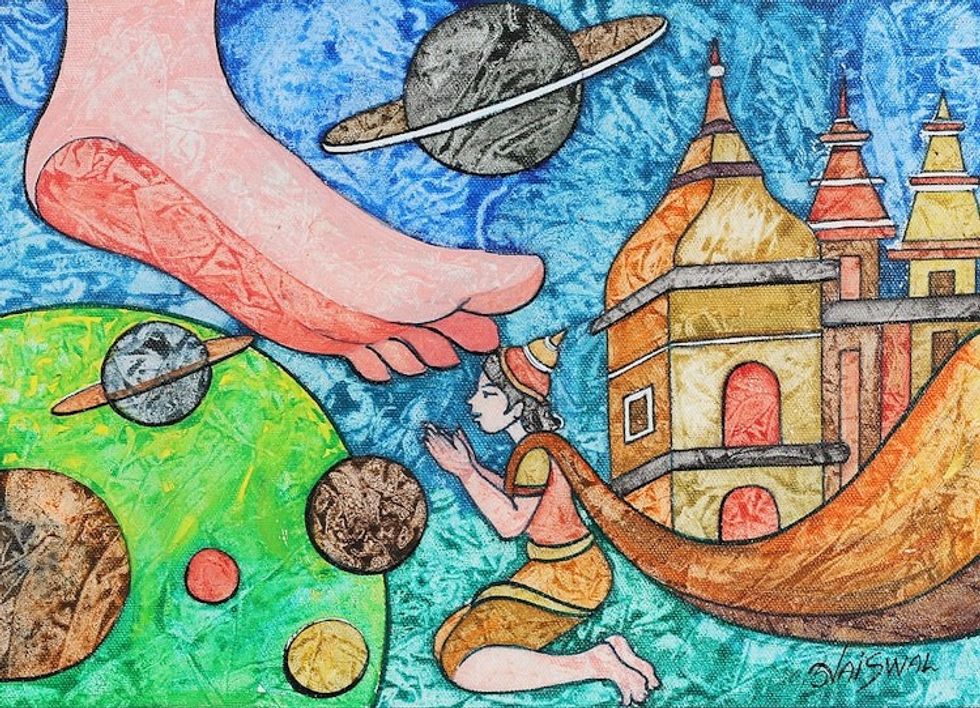 Traditional Acrylic on Canvas Painting of Vamana Avatar 'Sacred Step'