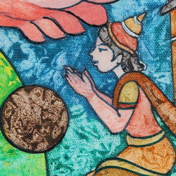Alternate image for Traditional Acrylic on Canvas Painting of Vamana Avatar Sacred Step