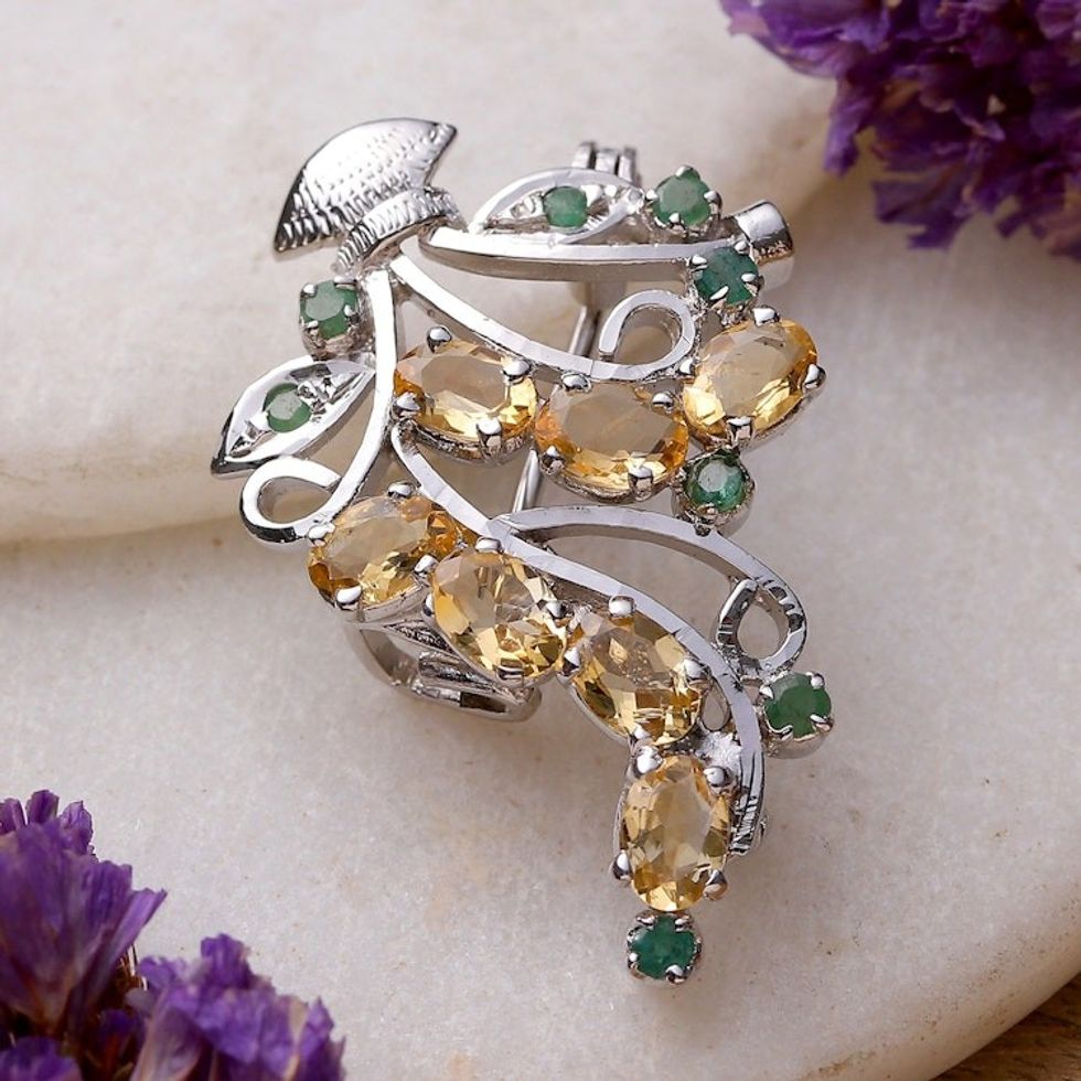 Rhodium-Plated Three-Carat Citrine and Emerald Brooch Pin 'Verdant Warmth'