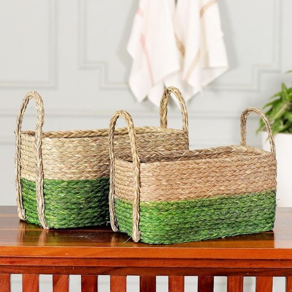 Alternate image for Handwoven Set of 2 Green and Beige Sabai Grass Fiber Baskets Green Call