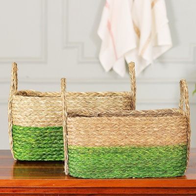 Alternate image for Handwoven Set of 2 Green and Beige Sabai Grass Fiber Baskets Green Call